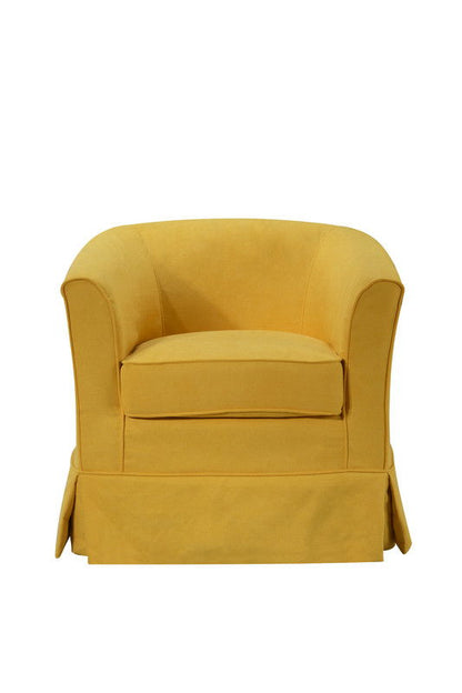 The Tucker - Woven Fabric Swivel Barrel Chair is a yellow upholstered armchair with a curved back, cushioned seat, and skirted bottom, shown against a white background.