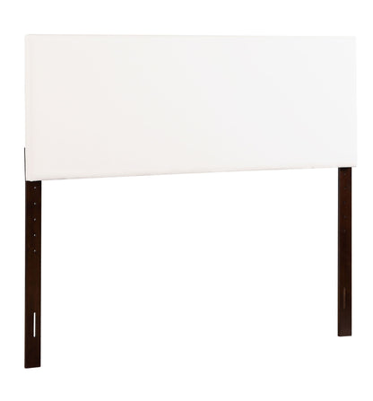 The Nova - Headboard features a minimalist design with a rectangular, padded white panel and dark wooden legs, crafted for easy attachment to any bed frame.
