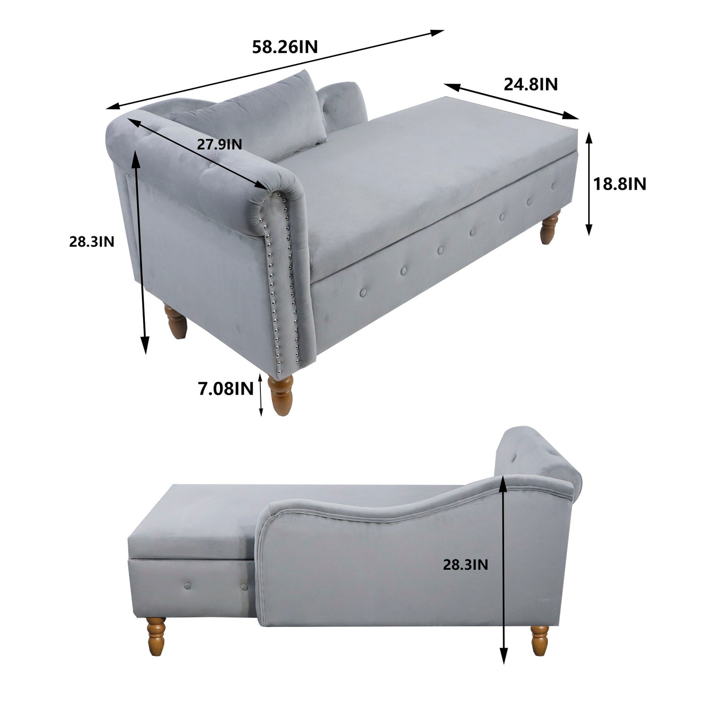 The Chaise Lounge Indoor is a modern gray velvet chair with rolled arms, storage, matching pillow, nailhead trim, and wooden legs. Dimensions: 58.26"L x 24.8"W x 28.3"H; seat height 18.8", seat depth 27.9", leg height 7.08".