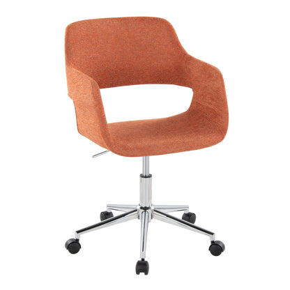 The Margarite - Contemporary Office Task Chair features orange upholstery, an open back design, a chrome base, and five black caster wheels.