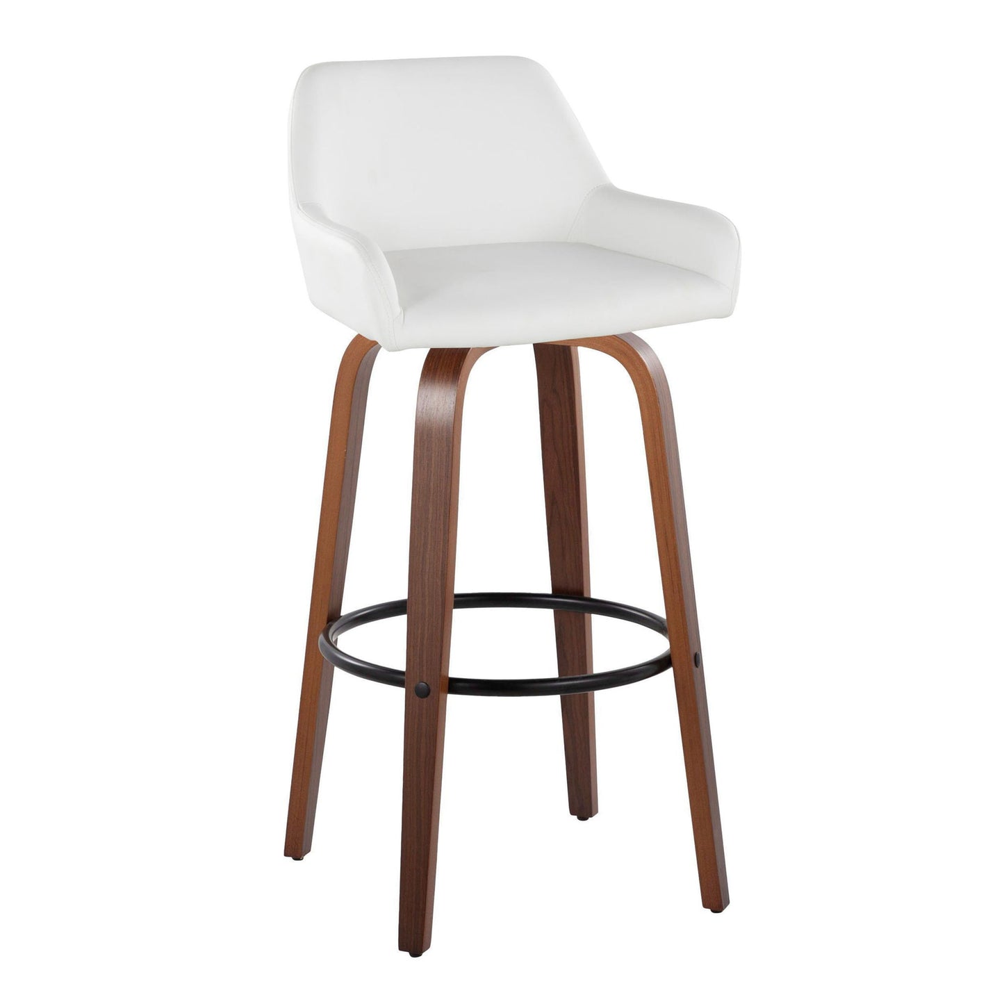 The Daniella barstool set features a contemporary design with a white cushioned seat, low curved backrest, armrests, four wooden legs, and a round black metal footrest. Set of 2.