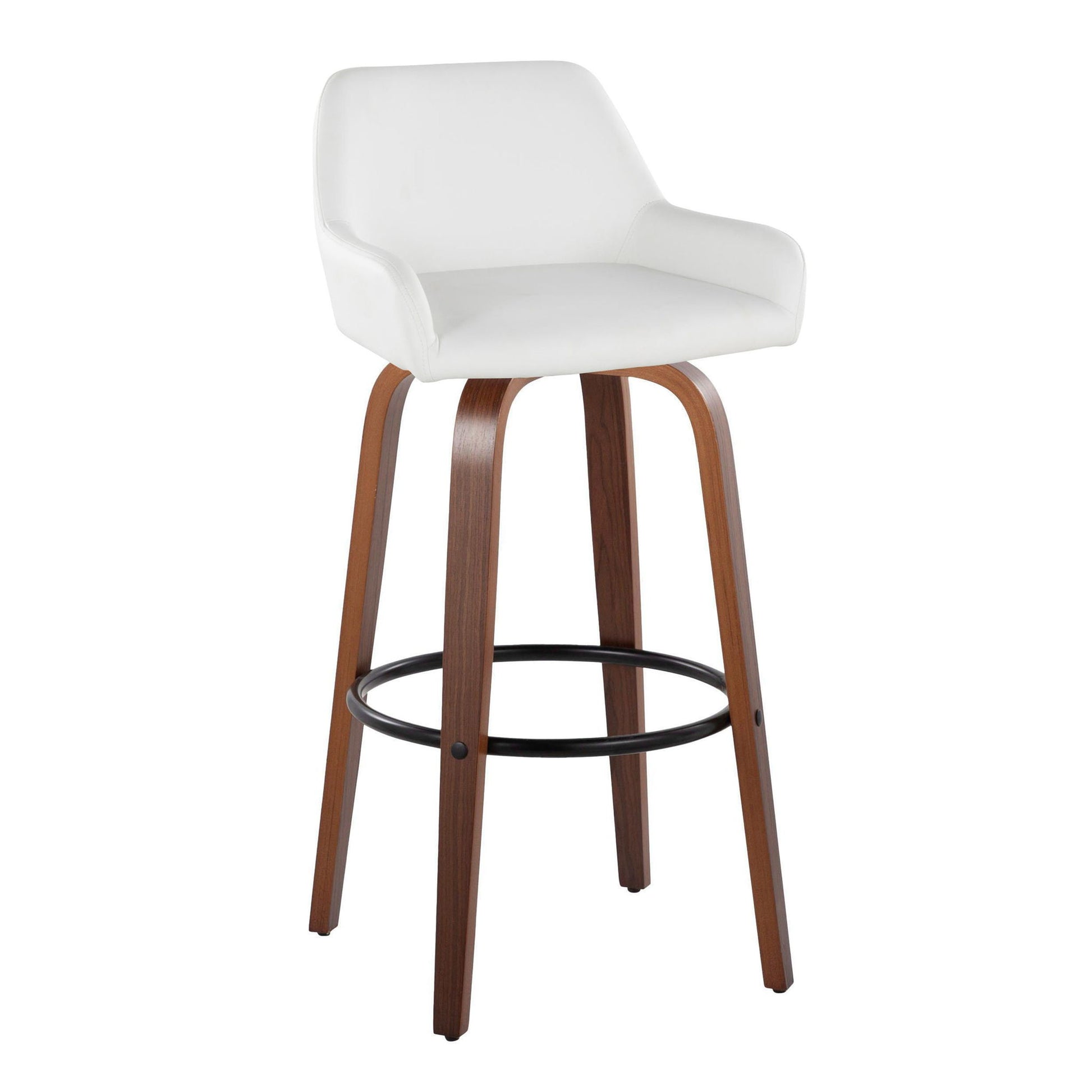 The Daniella barstool set features a contemporary design with a white cushioned seat, low curved backrest, armrests, four wooden legs, and a round black metal footrest. Set of 2.