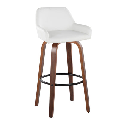The Daniella barstool set features a contemporary design with a white cushioned seat, low curved backrest, armrests, four wooden legs, and a round black metal footrest. Set of 2.