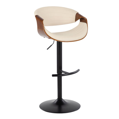 Symphony Mid Century Modern Adjustable Barstool, set of 2, features a curved wooden backrest, cream cushioned seat, black metal pedestal base, swivel function, and rounded T footrest.