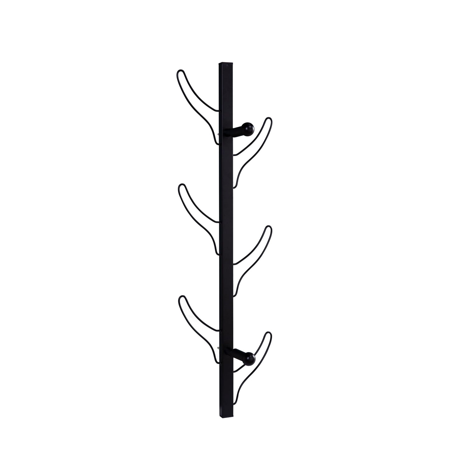 The Vertical Eight Hook Coat Rack Wall Mount is a black metal rack with eight curved hooks on a central bar, ideal for hanging coats, bags, or gear.