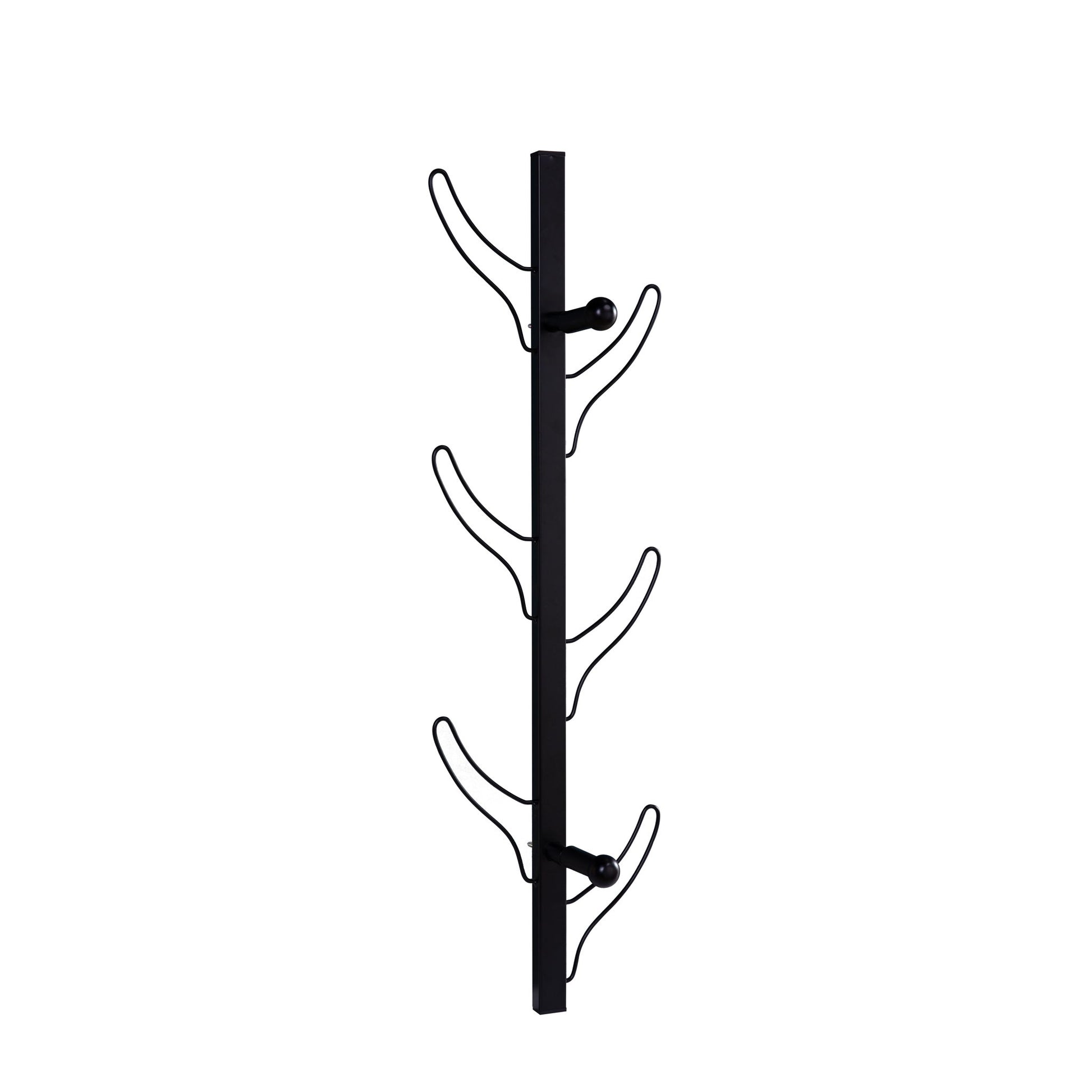 The Vertical Eight Hook Coat Rack Wall Mount is a black metal rack with eight curved hooks on a central bar, ideal for hanging coats, bags, or gear.