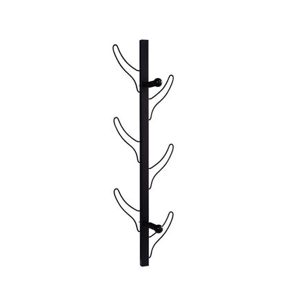The Vertical Eight Hook Coat Rack Wall Mount is a black metal rack with eight curved hooks on a central bar, ideal for hanging coats, bags, or gear.