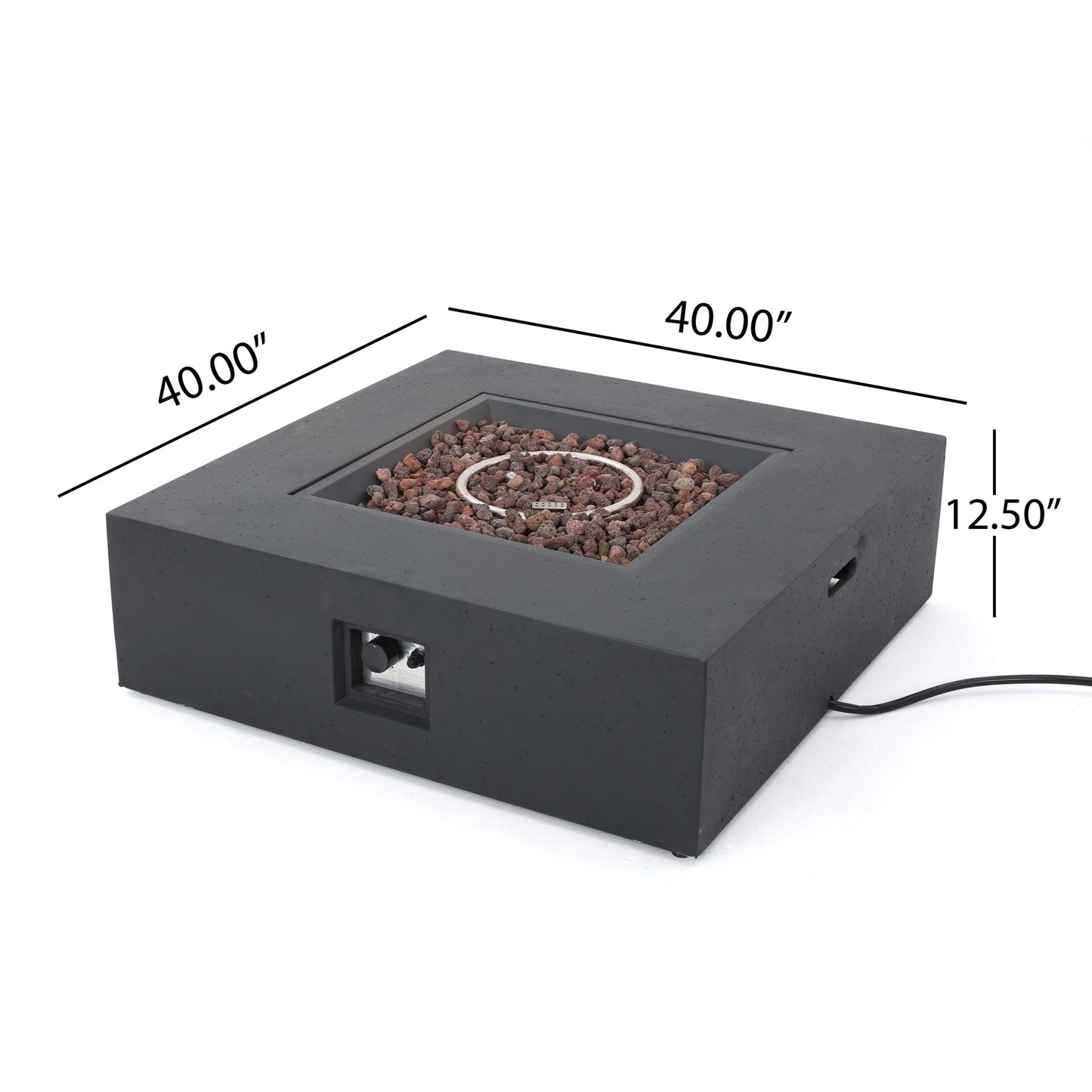 The Modern 50,000 Btu Square Fire Table With Propane Tank is a black fire pit with lava rocks, measuring 40"x40"x12.5". It features a central circular burner and an electrical cord extending from the side.