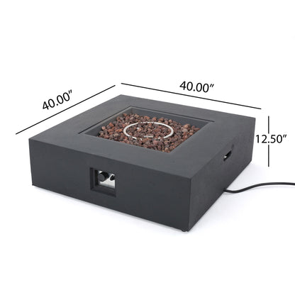 The Modern 50,000 Btu Square Fire Table With Propane Tank is a black fire pit with lava rocks, measuring 40"x40"x12.5". It features a central circular burner and an electrical cord extending from the side.