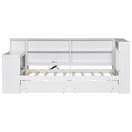 Platform Bed With Upholstered Headboard, Storage Shelves, Drawers, Charging Station, LED Lighting, Built In Desk