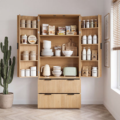 Fluted Kitchen Pantry Cabinet With 2 Large Drawers & 8 Door Spice Rack Freestanding Storage Organizer - Oak