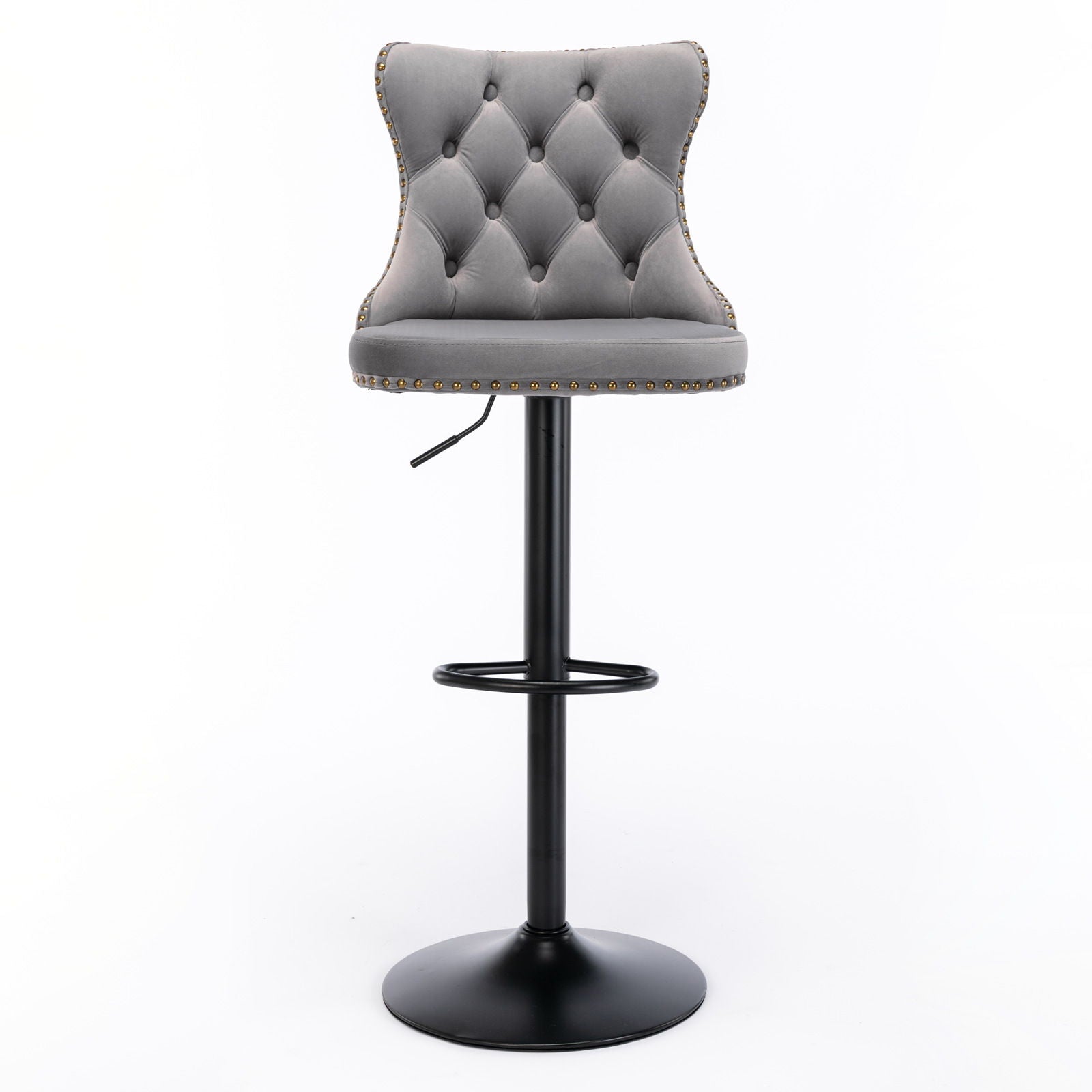 A set of 2 modern, gray Swivel Velvet Barstools with tufted backs, curved backrests, studded trim, black pedestal bases with footrests, and adjustable seat height—ideal for home pubs or kitchen islands. Set against a white background.