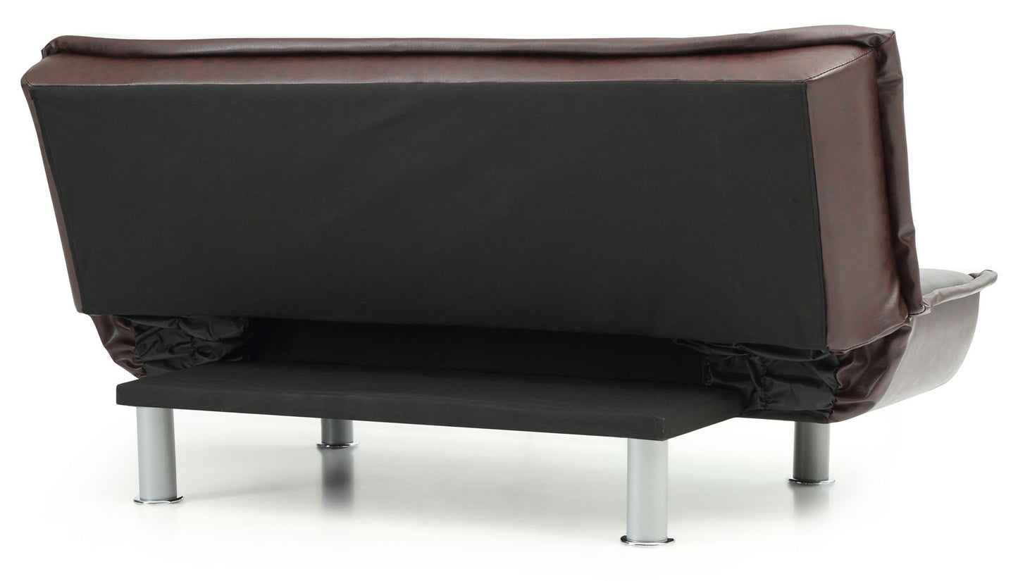 The Lionel - Sofa Bed is a modern piece with a two-tone design, showcasing a brown backrest and black lower panel, supported by four silver cylindrical legs, displayed from the back on a white background.
