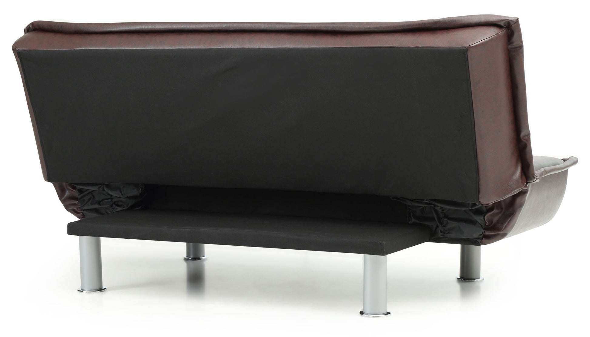 The Lionel - Sofa Bed is a modern piece with a two-tone design, showcasing a brown backrest and black lower panel, supported by four silver cylindrical legs, displayed from the back on a white background.