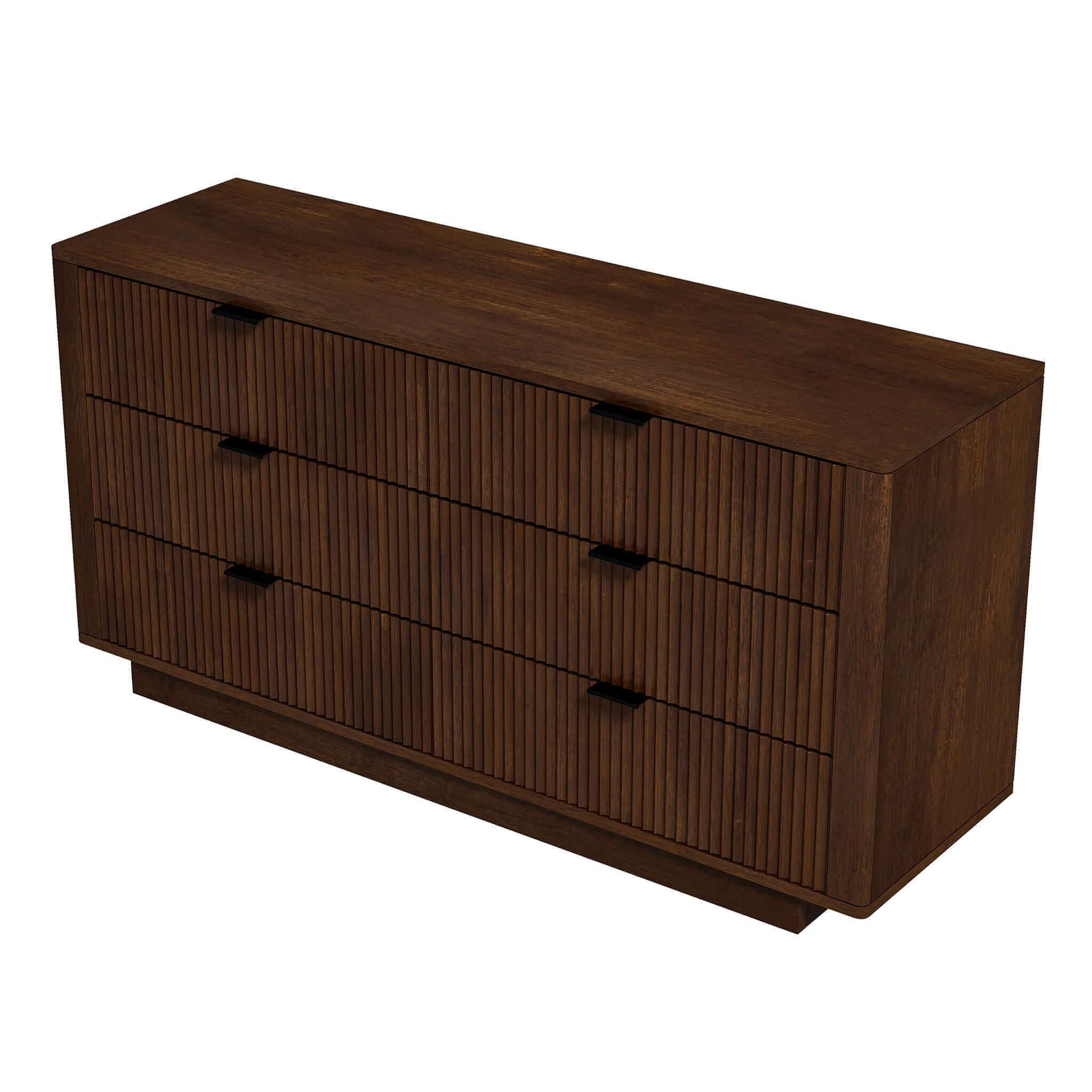 The Lola Mid-Century Modern Dresser features a dark brown finish, six drawers with vertical grooves and black rectangular handles, all supported by a solid base.