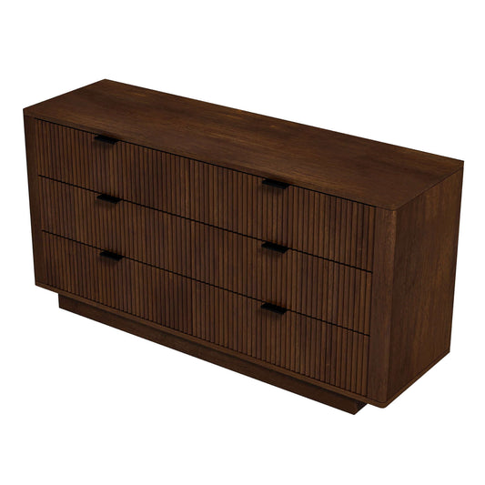 The Lola Mid-Century Modern Dresser features a dark brown finish, six drawers with vertical grooves and black rectangular handles, all supported by a solid base.