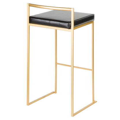 The Fuji barstool features a sleek gold metal frame with open rectangular sides and a square black cushioned seat, offering a minimalist and contemporary glam design with quality construction.