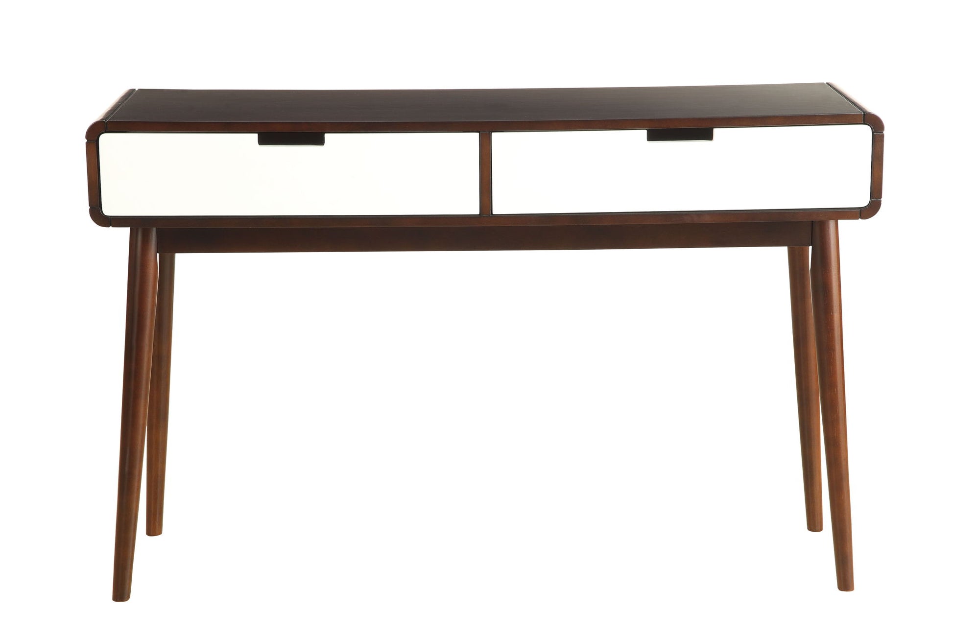 The Christa Sofa Table in White/Espresso features a modern wooden design with four angled legs and two white front drawers, offering a simple, minimalist style.