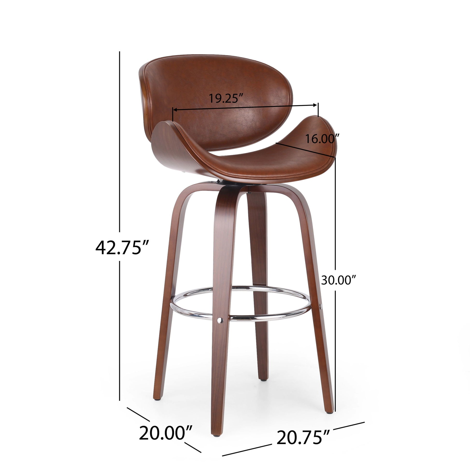 The Lumos Mid Century Modern Upholstered Swivel Barstool features a brown cushioned seat, curved backrest, wood legs, and chrome footrest. Dimensions: 42.75"H x 20"W x 20.75"D; seat height 30", back width 19.25", seat depth 16".