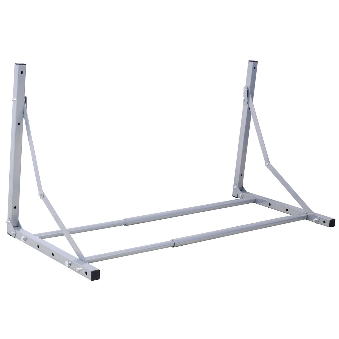 A wall-mounted folding tire storage rack, adjustable from 30.5" to 50.5" wide, crafted in silver, supports up to 300 pounds and offers sturdy storage for tires or similar long items.