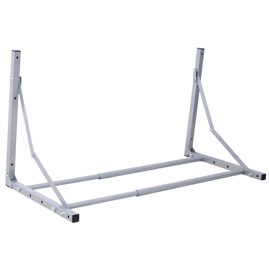 A wall-mounted folding tire storage rack, adjustable from 30.5" to 50.5" wide, crafted in silver, supports up to 300 pounds and offers sturdy storage for tires or similar long items.