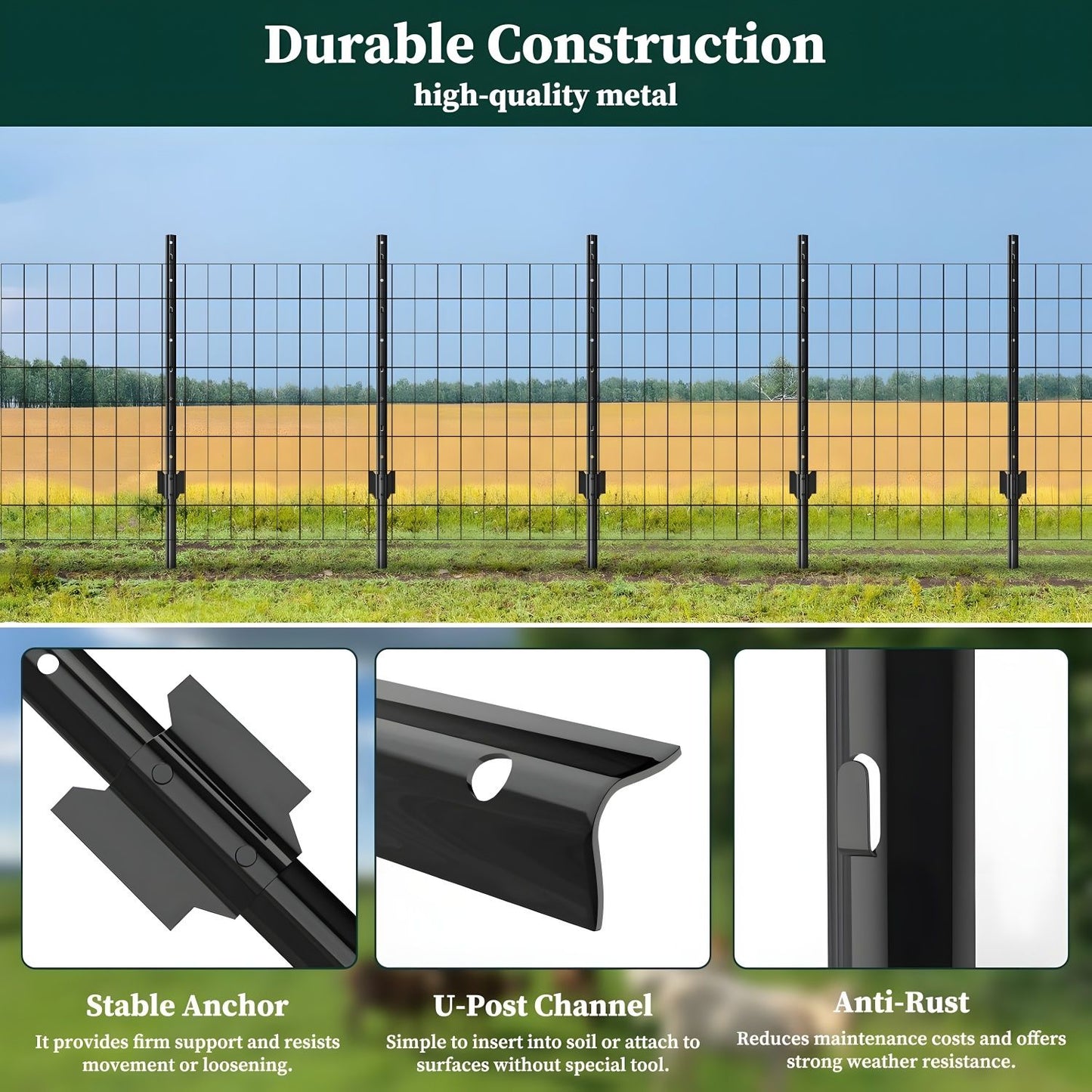 4 Foot U-Shaped Metal Garden Fence Posts Set For Wire Fencing