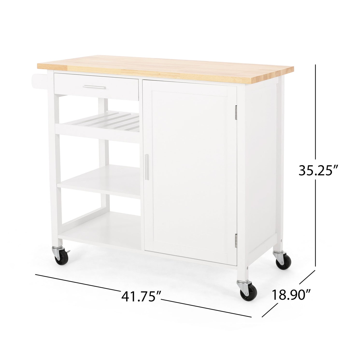 Contemporary Design Kitchen Cart With Wheels features a wooden top, drawer, open shelves, cabinet, and four wheels. Dimensions: 35.25" H x 41.75" W x 18.90" D.