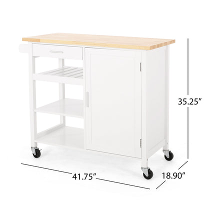 Contemporary Design Kitchen Cart With Wheels features a wooden top, drawer, open shelves, cabinet, and four wheels. Dimensions: 35.25" H x 41.75" W x 18.90" D.