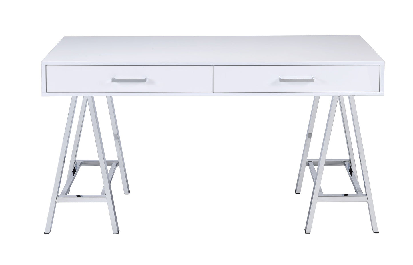 The Coleen High Gloss Writing Desk With USB features a modern white finish, two drawers with silver handles, and sleek silver metal sawhorse-style legs for a minimalist look.