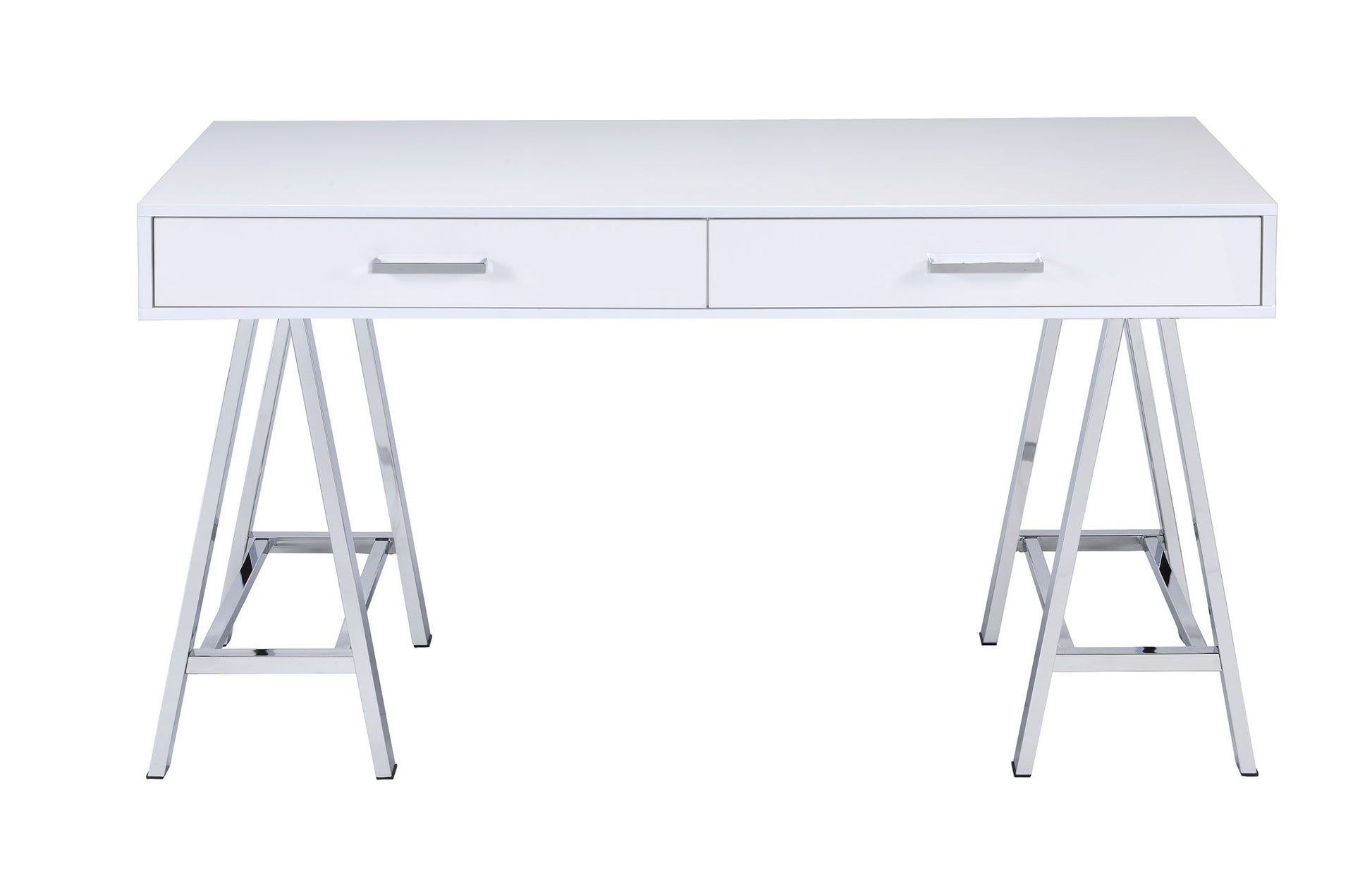 The Coleen High Gloss Writing Desk With USB features a modern white finish, two drawers with silver handles, and sleek silver metal sawhorse-style legs for a minimalist look.