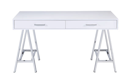 The Coleen High Gloss Writing Desk With USB features a modern white finish, two drawers with silver handles, and sleek silver metal sawhorse-style legs for a minimalist look.