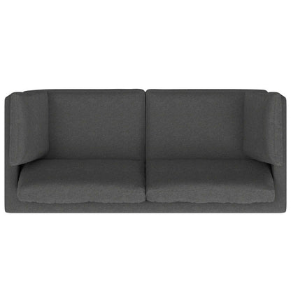 The Ava Mid Century Sofa is a modern, dark gray two-seater with straight lines, thick cushions, and high armrests, shown from the front against a white background.