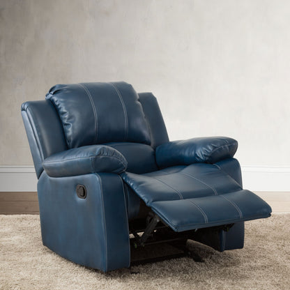 The Charlotte - Glider Recliner With Classic Style, in blue leather with white stitching and an extended footrest, sits on a beige carpet in a modern, softly lit room.