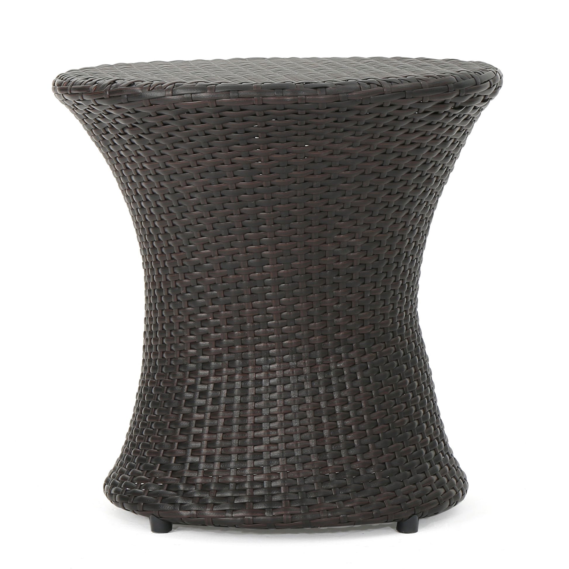 The Thrive Hourglass Rattan Table features a small, dark brown, woven rattan design with an hourglass shape, smooth flat top, and slightly flared base. No glass top included.