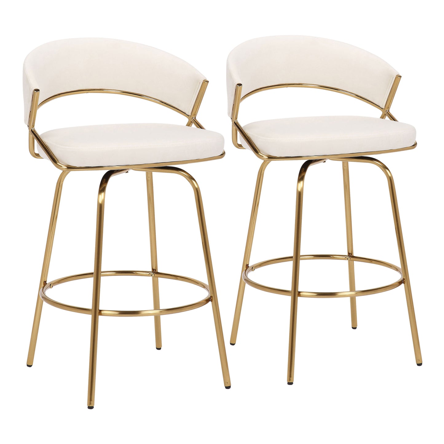 The Jie - Glam Fixed Height Counter Stool (Set of 2) features gold metal frames, white cushioned seats, and curved white backrests, displayed on a plain white background.