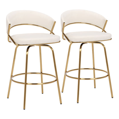 The Jie - Glam Fixed Height Counter Stool (Set of 2) features gold metal frames, white cushioned seats, and curved white backrests, displayed on a plain white background.
