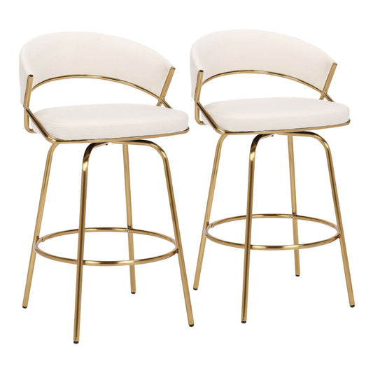 The Jie - Glam Fixed Height Counter Stool (Set of 2) features gold metal frames, white cushioned seats, and curved white backrests, displayed on a plain white background.