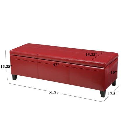 The Glouster Contemporary Storage Ottoman is a red rectangular bench with four short legs, measuring 51.25"W x 17.5"D x 16.25"H; seat dimensions: 47"W x 13.25"D x 10"H.