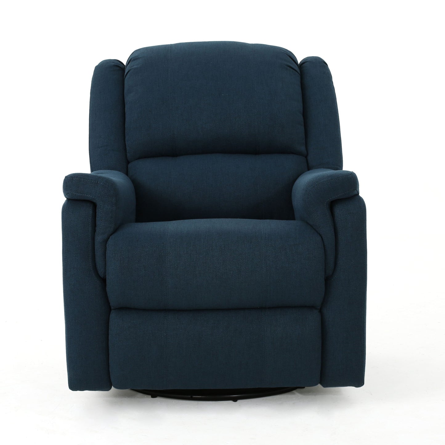 The Contemporary Glider Recliner With Swivel Function features navy blue upholstery, padded armrests, and a plush backrest, displayed against a plain white background.