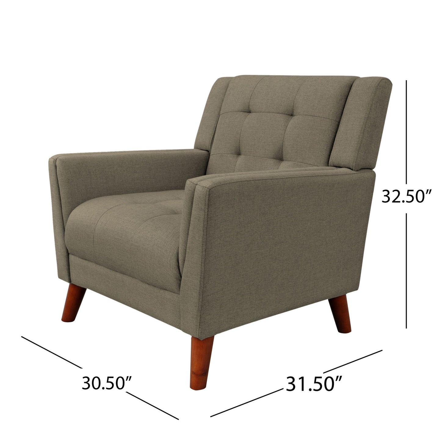 The Luminaesque Fabric Upholstered Armchair features a modern taupe design, tufted backrest and seat, wooden legs, and measures 32.5" high, 30.5" deep, and 31.5" wide.