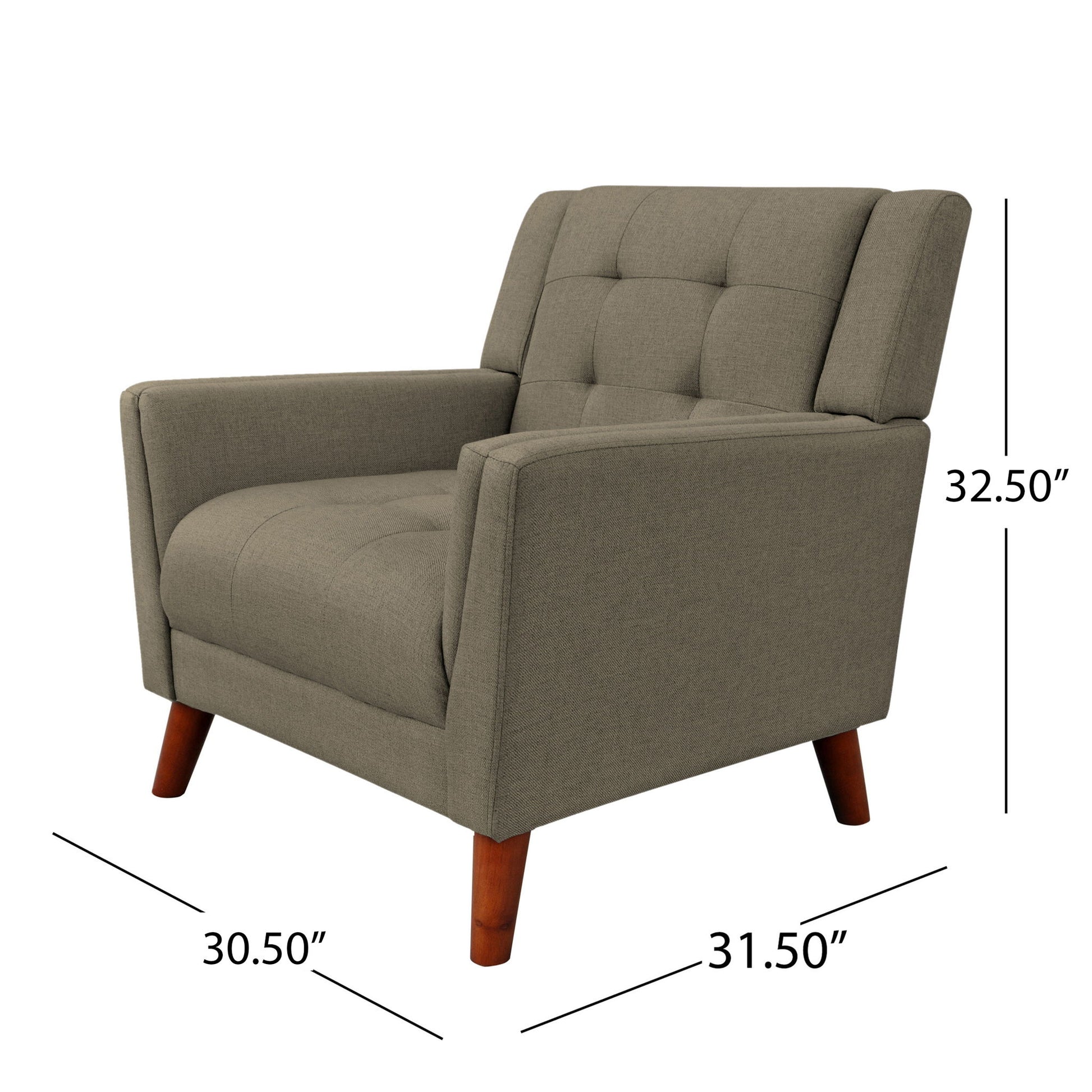 The Luminaesque Fabric Upholstered Armchair features a modern taupe design, tufted backrest and seat, wooden legs, and measures 32.5" high, 30.5" deep, and 31.5" wide.