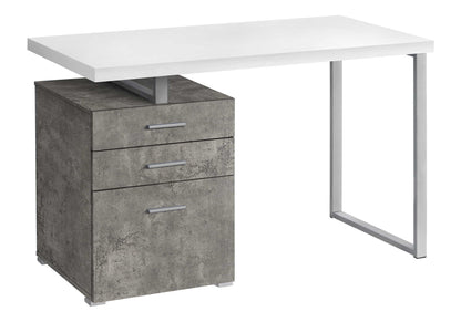 The Computer Desk Left Right Set-Up Storage Drawers For Home Office features a white rectangular tabletop, metal legs on one side, and a gray three-drawer cabinet with a concrete-like finish on the other.