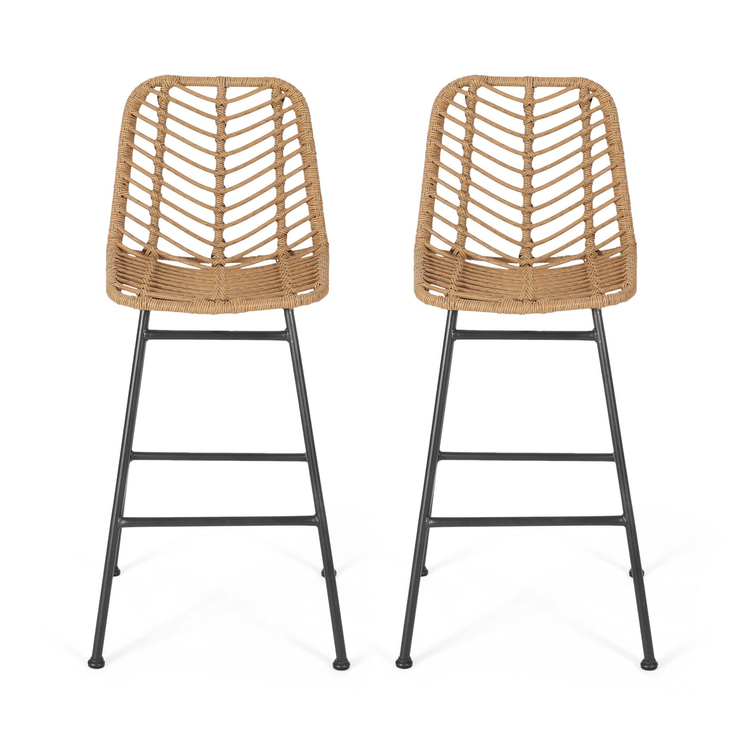 The Sawtelle Outdoor Wicker Barstools (Set of 2) feature tall chairs with chevron-patterned woven rattan seats and backs, slender black metal legs, and footrests, all displayed against a plain white background.