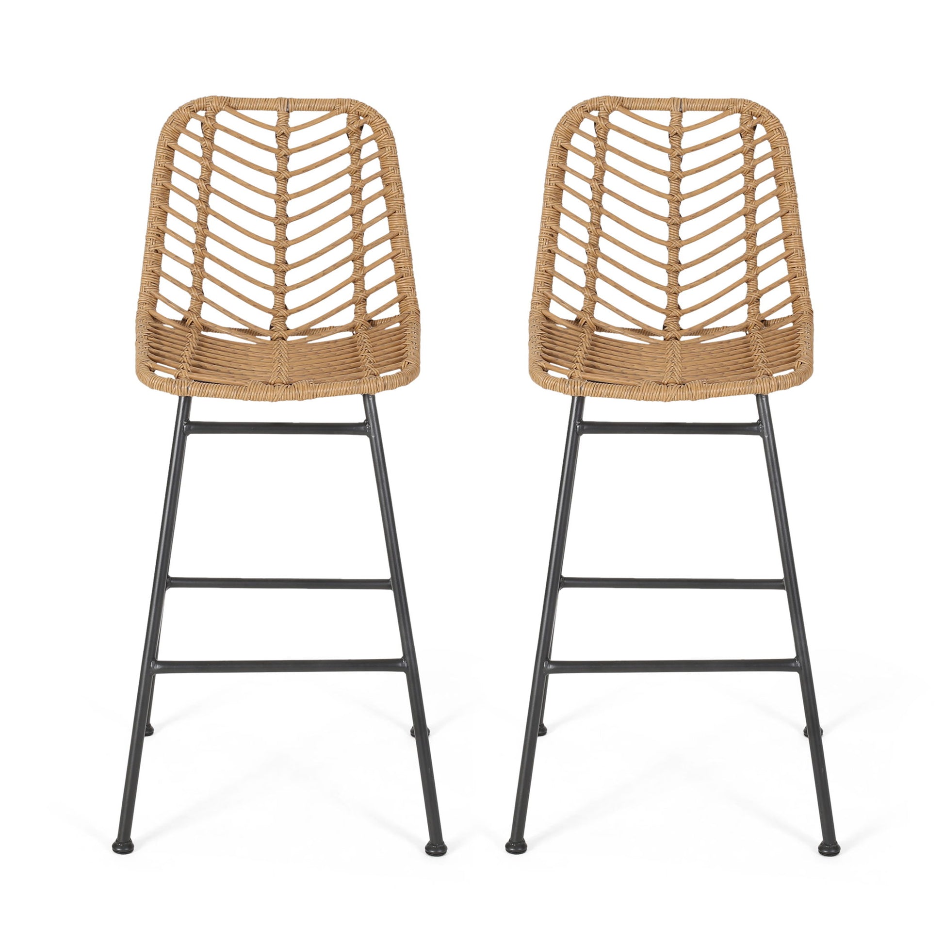 The Sawtelle Outdoor Wicker Barstools (Set of 2) feature tall chairs with chevron-patterned woven rattan seats and backs, slender black metal legs, and footrests, all displayed against a plain white background.