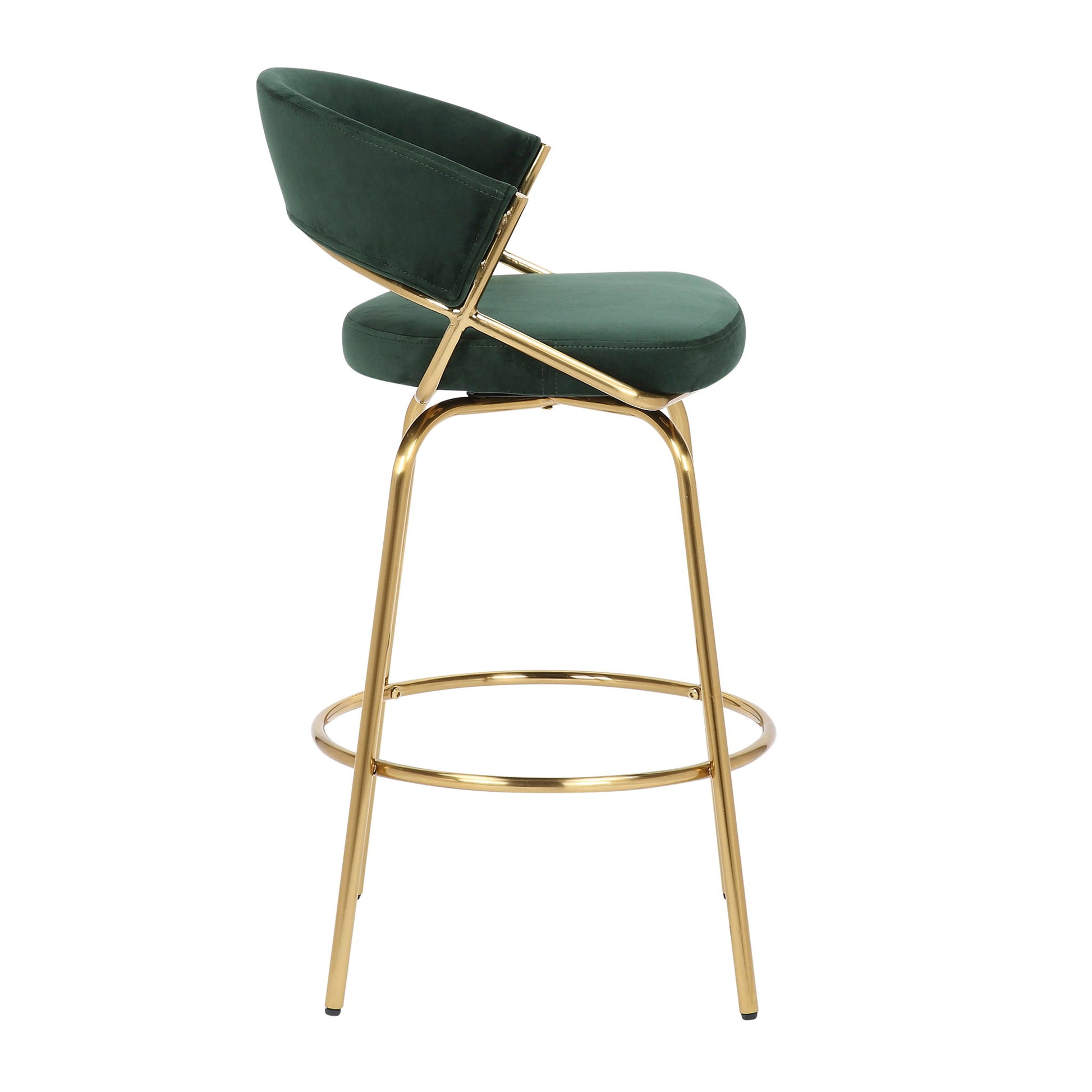 The Jie - Glam Fixed Height Counter Stool (Set of 2) features a green velvet seat and backrest with gold metal legs and a circular footrest, shown from the side.