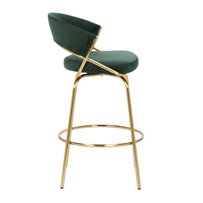 The Jie - Glam Fixed Height Counter Stool (Set of 2) features a green velvet seat and backrest with gold metal legs and a circular footrest, shown from the side.