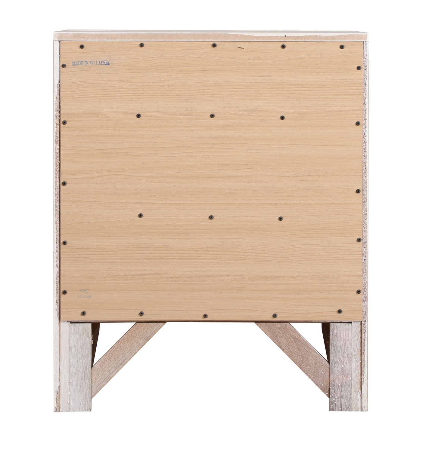 The Marilla Nightstand is shown from the back, featuring a flat light wood panel with visible screws around the edges and center. It stands on four angled legs connected by support beams.