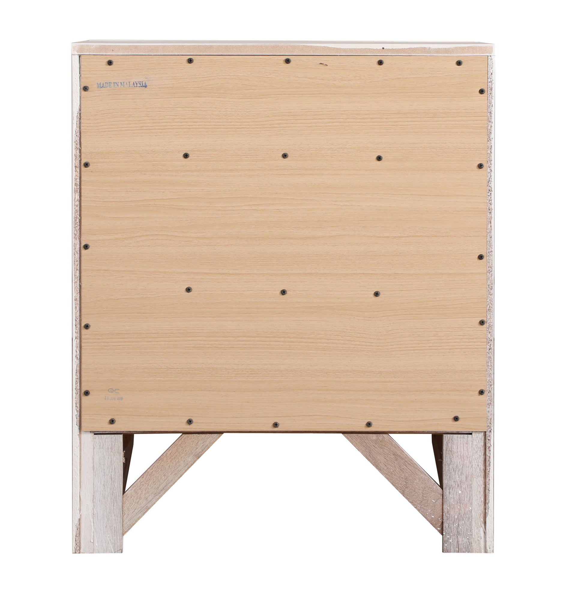 The Marilla Nightstand is shown from the back, featuring a flat light wood panel with visible screws around the edges and center. It stands on four angled legs connected by support beams.