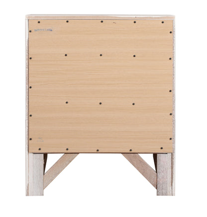 The Marilla Nightstand is shown from the back, featuring a flat light wood panel with visible screws around the edges and center. It stands on four angled legs connected by support beams.