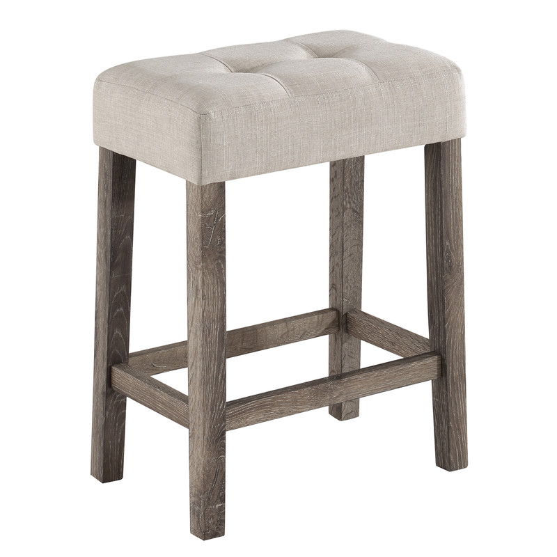 The Lux 3 Piece Counter Height Pub Table Set includes tufted linen stools with padded, beige seats and four wooden legs connected by horizontal supports.